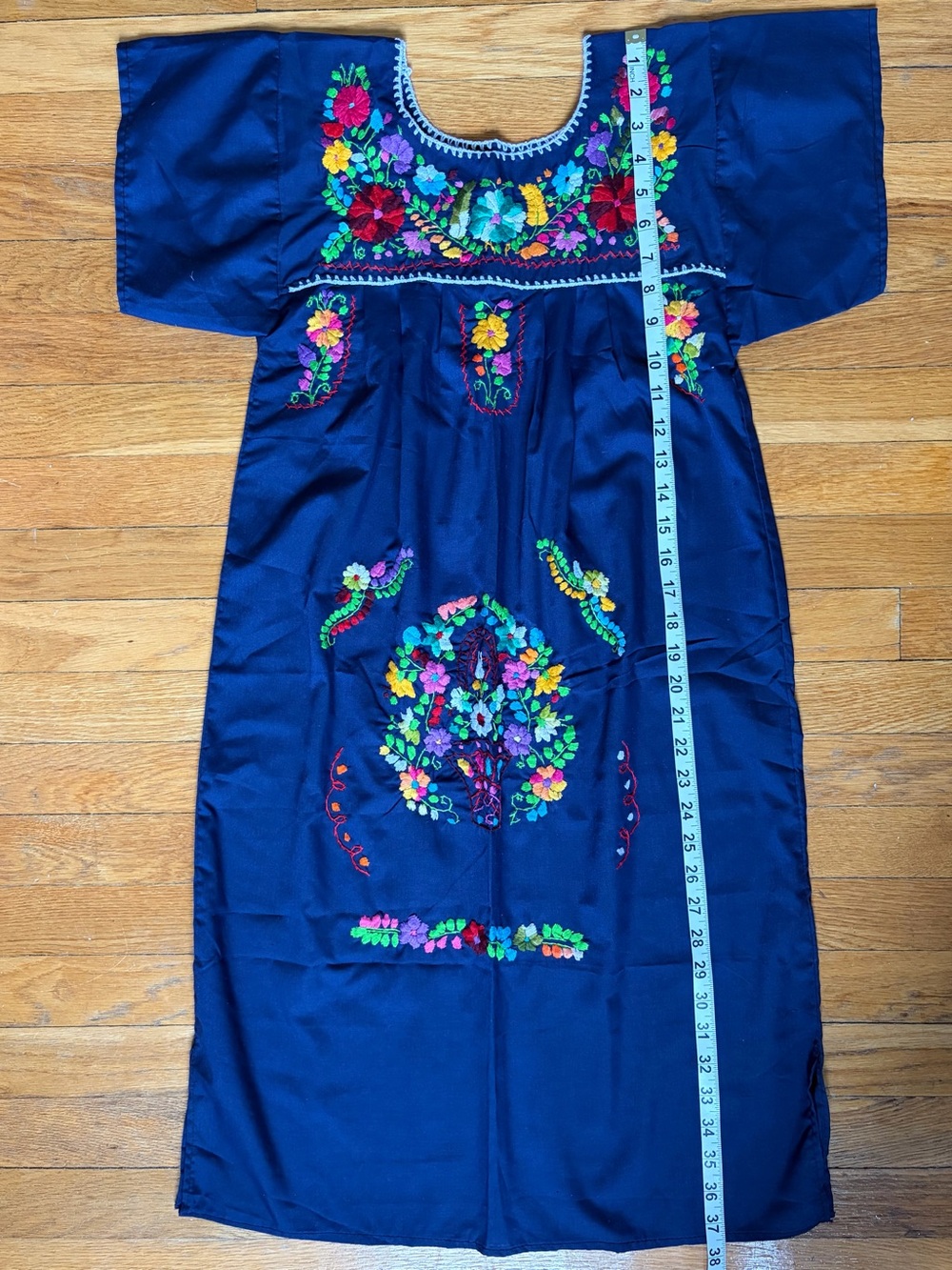 Mexican multicolored embroidered mumu dress in navy sz XXS NWOT New!